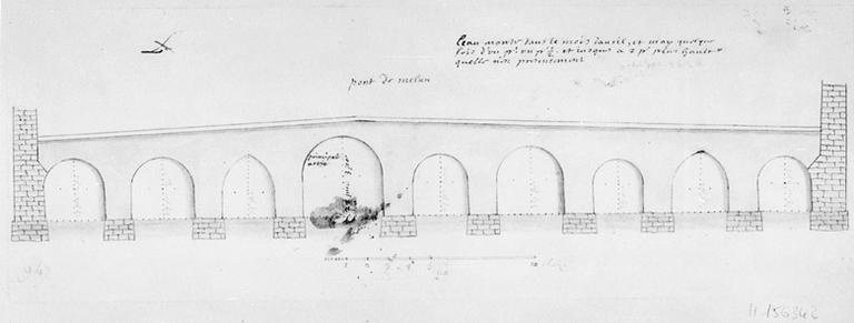 Le pont sur le grand bras de la Seine : dessin à la plume, octobre 1686.