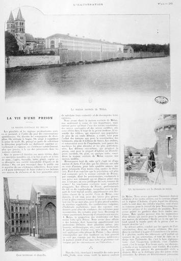 Page 285 de l'article 'La vie d'une prison', paru dans l'Illustration'. Les photographies montrent : une vue d'ensemble de la centrale depuis la rive sud, 'un factionnaire sur le chemin de ronde', la 'cour intérieure et chapelle'.