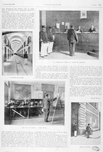 Page 291 de l'article 'La vie d'une prison', paru dans l'Illustration'. Les photographies montrent : le corridor des ateliers, la comparution devant le conseil de discipline, une classe, la sortie d'un libéré.