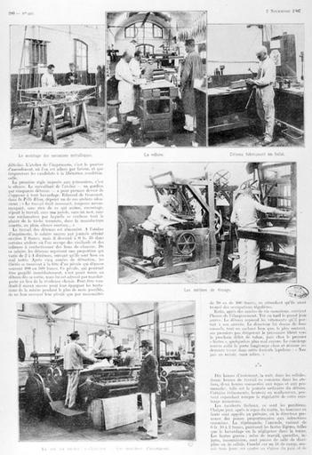 Page 290 de l'article 'La vie d'une prison', paru dans l'Illustration'. Vue des ateliers : montage des sommiers métalliques, reliure, détenu fabriquant un balai, les métiers de tissage, les machines d'imprimerie.