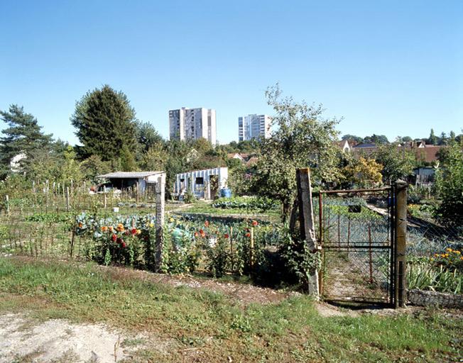 Jardins avec cabanon, au pied des tours de la ZUP de l'Almont.