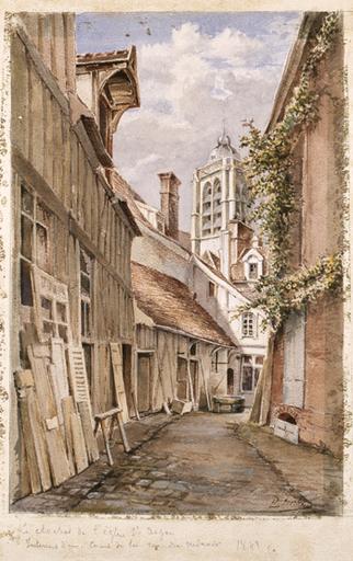 'Le clocher de l'église Saint-Aspais. Intérieur d'une cour de la rue du Miroir. 1848'.