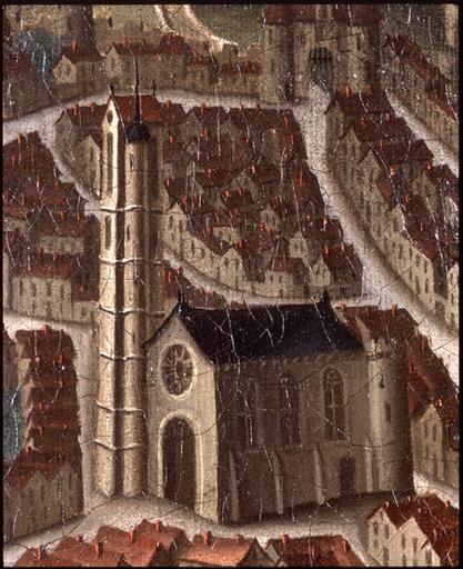 'Vue à vol d'oiseau de la ville de Melun au XVIe siècle' (copie du XVIIIe siècle), détail : l'église Saint-Aspais.