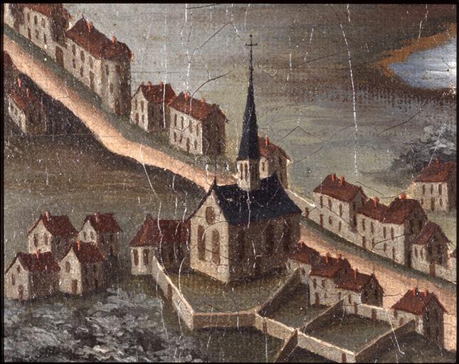 'Vue à vol d'oiseau de la ville de Melun au XVIe siècle' (copie du XVIIIe siècle), détail : le couvent des Carmes et les maisons du faubourg éponyme, le long de la route de Meaux.