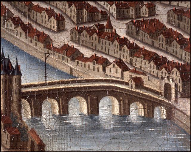 'Vue à vol d'oiseau de la ville de Melun au XVIe siècle' (copie du XVIIIe siècle), détail : le pont nord, dit 'pont-aux-fruits' ou 'pont du Châtelet'.