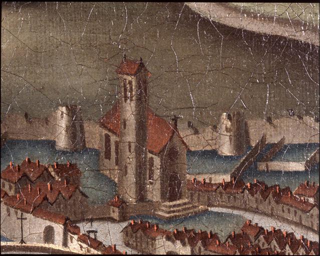 'Vue à vol d'oiseau de la ville de Melun au XVIe siècle' (copie du XVIIIe siècle), détail : l'église et le quartier Saint-Ambroise.