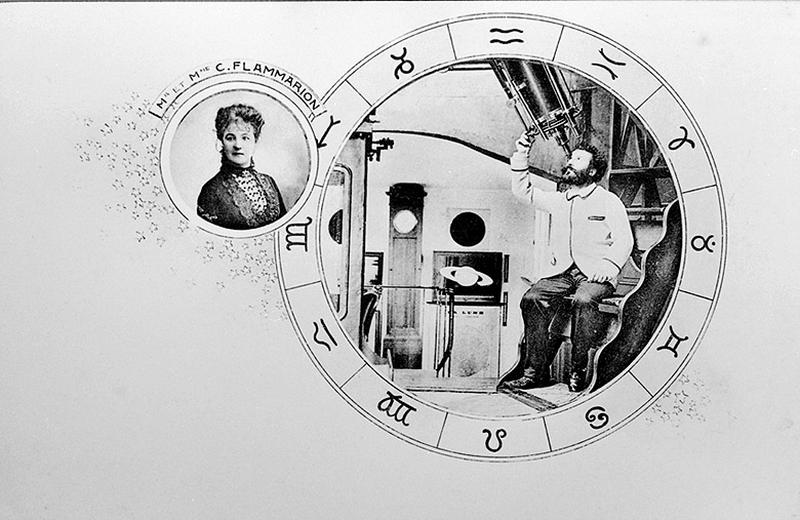 Portrait de Camille Flammarion et de son épouse illustrant une carte postale publicitaire en faveur de l'observatoire de Juvisy.