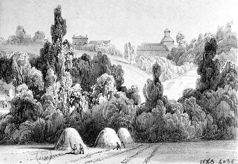 Lithographie non signée, sans doute de Charpin, représentant la ferme de Fromenteau en 1843, alors que le paysage de Juvisy et de la vallée de l'Orge était sur le point d'être profondément transformé par l'arrivée du chemin de fer.