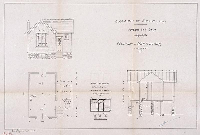 Plan et élévation d'une maison-type d'un lotissement envisagé avenue de l'Orge vers 1920, jamais réalisé.