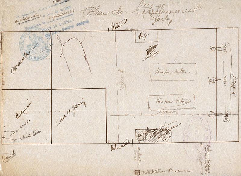 Plan de la propriété de J. Ch. Gaudin joint à une demande d'installation de pompe à essence, 1922.