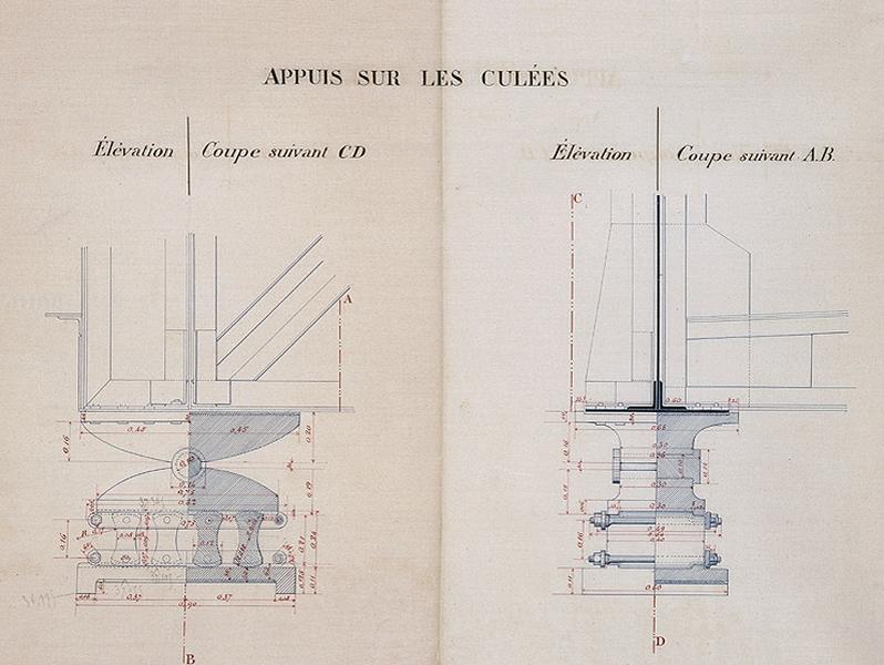 Projet de pont dressé par l'agent-voyer-chef Michaux le 20 octobre 1892 : détail d'un appareil mobile à 4 rotules assurant l'appui du tablier sur la culée.