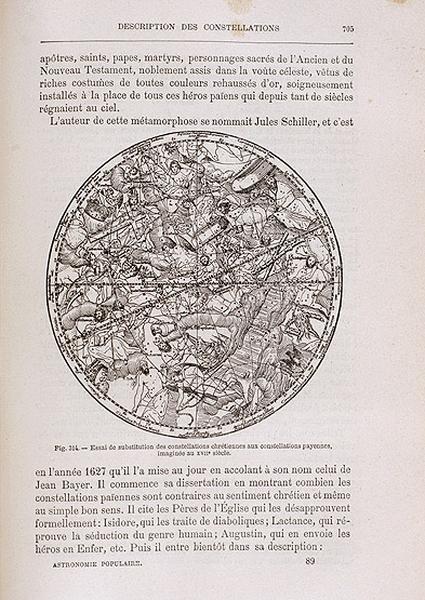 Page 705 de l'ouvrage de Camille Flammarion intitulé : 'L'Astronomie populaire : description générale du ciel', publié par C. Marpon et E. Flammarion, en 1880 : illustration montrant un essai de substitution des constellations chrétiennes aux constellations païennes datant du XVIIè siècle.