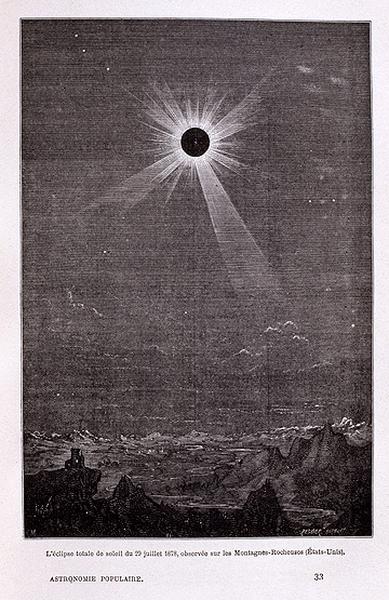 Planche 33 de l'ouvrage de Camille Flammarion intitulé : 'L'Astronomie populaire : description générale du ciel', publié par C. Marpon et E. Flammarion, en 1880 : illustration montrant l'éclipse totale de soleil du 23 juillet 1878 sur les Montagnes Rocheuses des Etats-Unis.