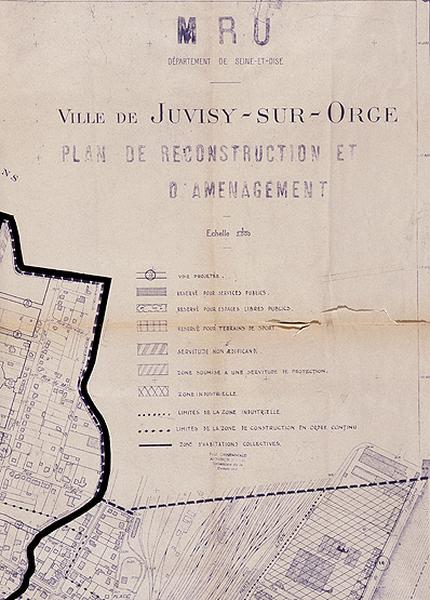 Plan de reconstruction et d'aménagement de la ville de Juvisy de 1946, avec le cachet du MRU : détail de la légende.