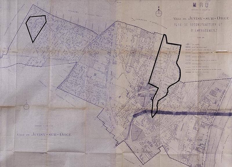 Plan de reconstruction et d'aménagement de la ville de Juvisy de 1946, avec le cachet du MRU.