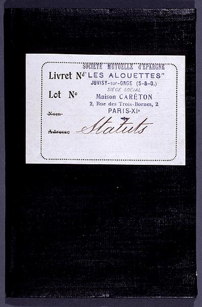 Livret de souscripteur du lotissement 'Les Alouettes' comportant les statuts de la Société Mutuelle d'Epargne : plat supérieur de la couverture.