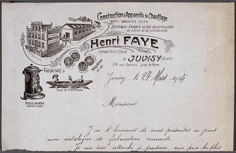 Papier à en-tête de l'entreprise Henri Faye, constructeur d'appareils de chauffage et de canots métalliques, en date du 27 mars 1914.