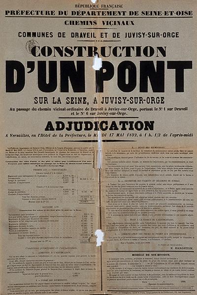 Affiche annonçant la mise en adjudication des travaux de construction du pont sur la Seine entre Juvisy et Draveil, 17 mai 1892.