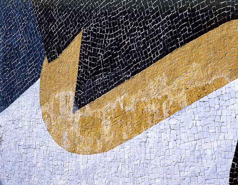 Détail de la mosaïque couvrant le pignon Ouest du gymnase.