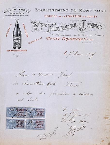 Papier à en-tête des établissements 'Veuve Marcel-Jonc, Etablissement du Mont-Rose', entreprise de captage et de mise en bouteille d'eau de source de Juvisy, sise 41-43 avenue de la Cour de France, vers 1915.