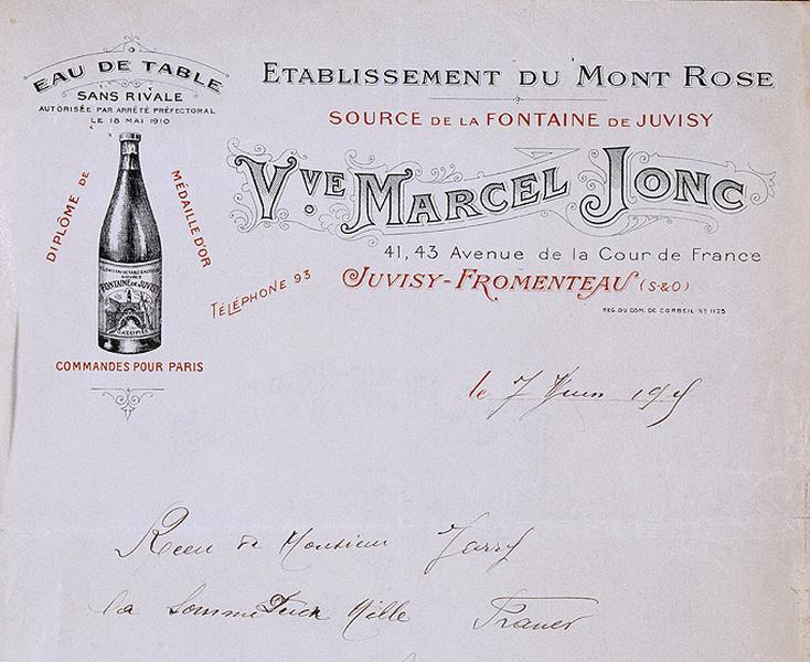 Papier à en-tête des établissements 'Veuve Marcel-Jonc, Etablissement du Mont-Rose', entreprise de captage et de mise en bouteille d'eau de source de Juvisy, sise 41-43 avenue de la Cour de France. Vers 1915.