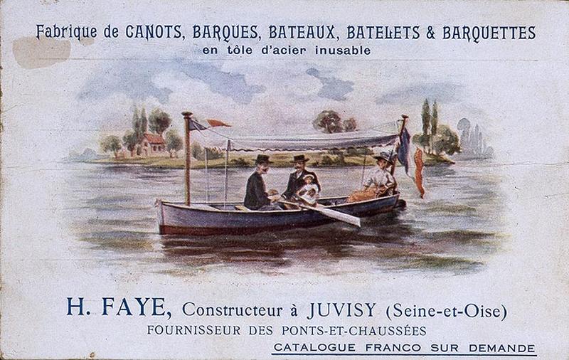 Carte publicitaire émise par l'entreprise Henri Faye, sise 24 rue Danton, constructeur d'appareils de chauffage et de canots métalliques.