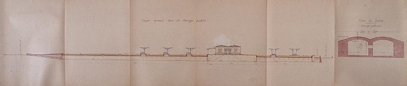 Gare voyageurs : Ligne Paris-Orléans : coupe transversale de la gare voyageurs montrant le passage souterrain envisagé, datée du 22 août 1903.