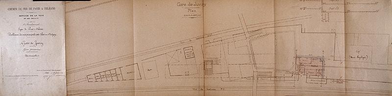 Gare de Juvisy-voyageurs (1e gare) : Ligne Paris-Orléans : plan d'ensemble de la nouvelle gare voyageurs (en pointillés) et de la gare provisoire (en rose, à droite), dressé en 1906.