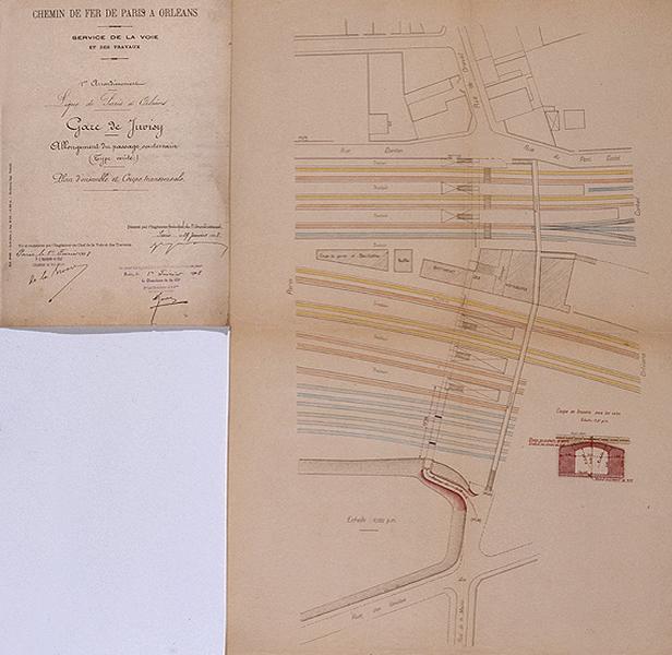 Gare voyageurs : Ligne Paris-Orléans : projet d'allongement du souterrain voûté du côté de la rue des Gaulois, suite au doublement des voies : plan d'ensemble de la gare voyageurs, dressé en février 1908.