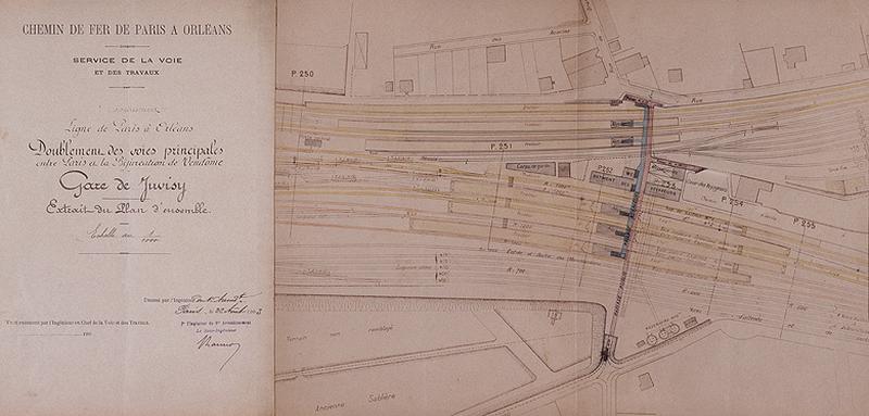 Gare voyageurs : Ligne Paris-Orléans : doublement des voies de Paris à la bifurcation de Vendôme : plan d'ensemble de la gare voyageurs montrant les voies nouvelles, la nouvelle gare projetée et les projets de passages à réaliser (passerelle métallique continue, souterrain continu prolongé), dressé le 22 août 1903.