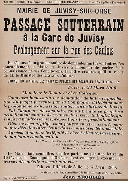 Gare voyageurs : Ligne Paris-Orléans : projet d'allongement du souterrain voûté du côté de la rue des Gaulois, suite au doublement des voies : affiche d'information du maire de Juvisy, du 5 avril 1909.