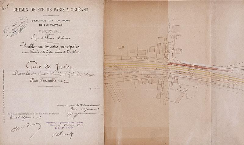 La gare et ses voies ferrées : doublement des voies de la ligne Paris-Orléans de Paris à la bifurcation de Vendôme : détail du franchissement de la Grande rue de Juvisy : plan dressé le 21 janvier 1903.