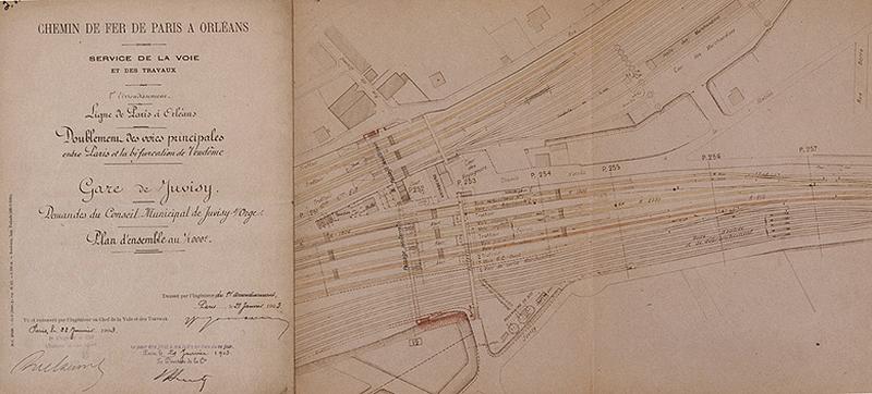 La gare et ses voies ferrées : doublement des voies de la ligne Paris-Orléans de Paris à la bifurcation de Vendôme : plan d'ensemble de la gare voyageurs montrant les voies nouvelles, avec l'ancienne gare et les passages anciens (passerelles métalliques discontinues, passages souterrains discontinus), dressé le 21 janvier 1903.