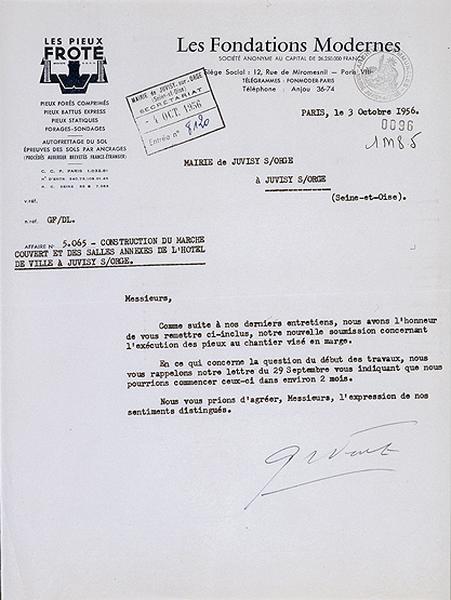 Lettre de candidature de l'entreprise 'Les Fondations modernes' pour concourir à l'adjudication des travaux de fondation de l'édifice, du 3 octobre 1956.