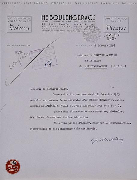 Lettre de candidature de l'entreprise 'Hte Boulenger et Cie' pour concourrir à l'adjudication des travaux de carrelage, revêtement de faïence et confection des sols de l'édifice, le 9 janvier 1956.