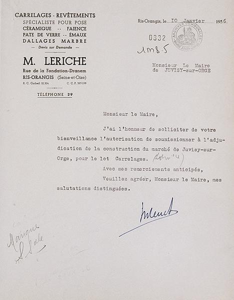 Lettre de candidature de l'entreprise 'M. Leriche' pour concourir à l'adjudication des travaux de carrelage, revêtement de faïence et confection des sols de l'édifice, du 10 janvier 1956.