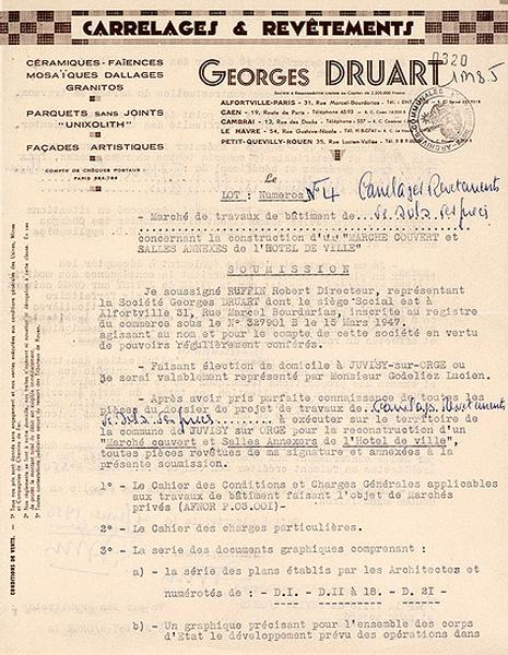 Lettre de candidature de l'entreprise 'Georges Druart' pour concourir à l'adjudication des travaux de carrelage, revêtement de faïence et confection des sols de la salle des fêtes, du 6 février 1956.