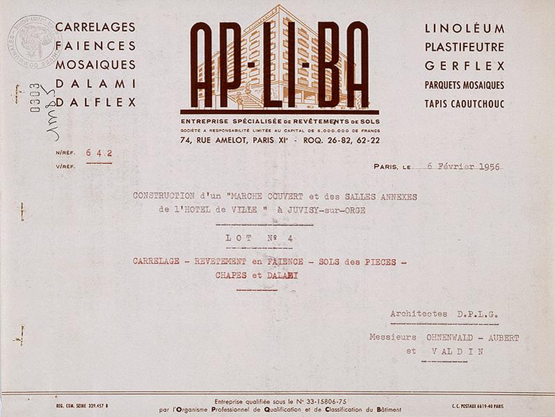 Lettre de candidature de l'entreprise 'Apliba' pour concourir à l'adjudication des travaux de carrelage, revêtement de faïence et confection des sols de l'édifice, du 6 février 1956.