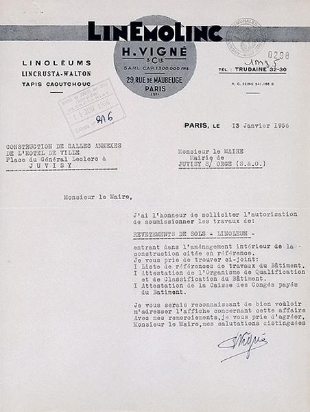 Lettre de candidature de l'entreprise 'Linemolinc' pour concourir à l'adjudication des travaux de carrelage, revêtement de faïence et confection des sols de l'édifice, du 13 janvier 1956.