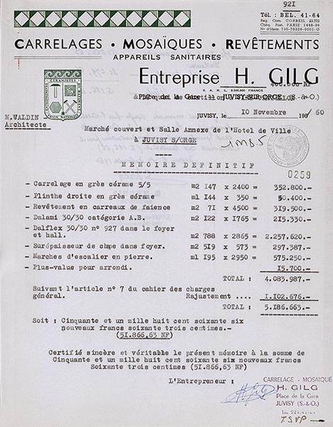 Lettre de candidature de l'entreprise 'H. Gilg' pour concourir à l'adjudication des travaux de carrelage, revêtement de faïence et confection des sols de l'édifice, du 10 novembre 1960.