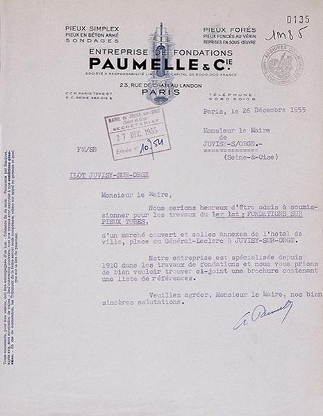 Lettre de candidature de l'entreprise 'Paumelle et Cie' pour concourir à l'adjudication des travaux de fondation de l'édifice, du 26 décembre 1955.