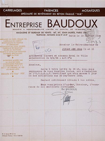 Lettre de candidature de l'entreprise 'Baudoux' pour concourir à l'adjudication des travaux de carrelage, revêtement de faïence et confection des sols de l'édifice, du 19 janvier 1956.