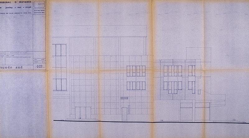 Bâtiment du tribunal d'instance : transformation et extension : élévation de la face sud dressée par l'architecte Jean-Paul Ganne, décembre 1976.