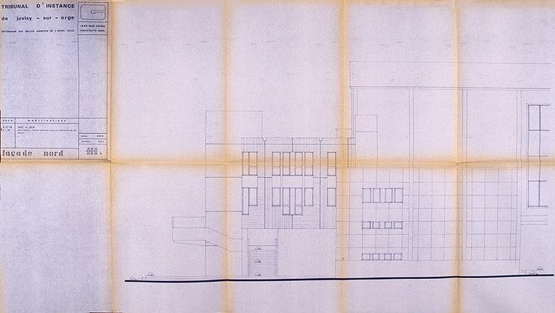 Bâtiment du tribunal d'instance : transformation et extension : élévation de la face nord dressée par l'architecte Jean-Paul Ganne, décembre 1976.