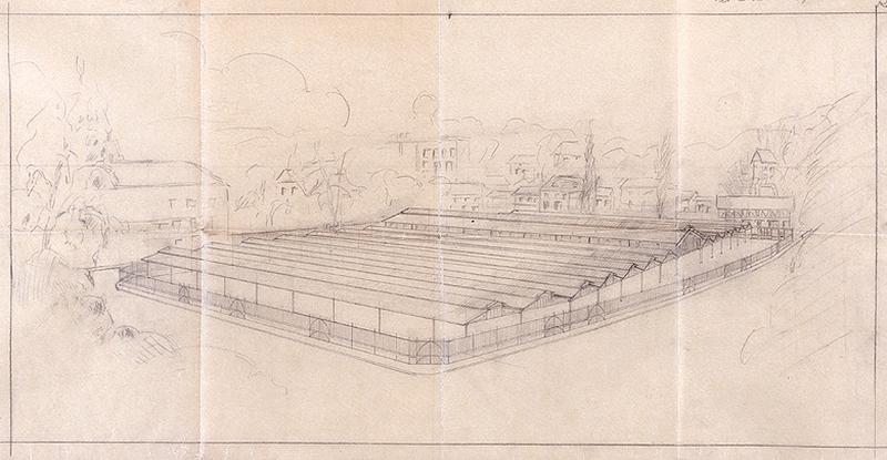 Projet d'installation d'un marché public le long de l'Orge, sur l'esplanade du château : dessin non signé, non daté (vers 1936 environ).