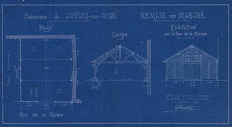 Projet d'installation d'une remise à construire rue de la mairie pour abriter le matériel du marché public installé le long de l'Orge, sur l'esplanade du château : dessin signé Louis Aubert, daté de 1919.