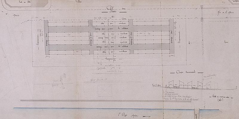 Plan du marché volant implanté en 1889 le long de l'Orge, sur l'esplanade du château : document non signé, non daté.