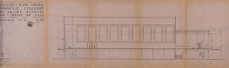 Bâtiment de la salle des fêtes : élévation de la salle et coupe transversale du foyer : document signé L. Aubert, P. Ohnenwald, E. Valdin, non daté (circa 1954).