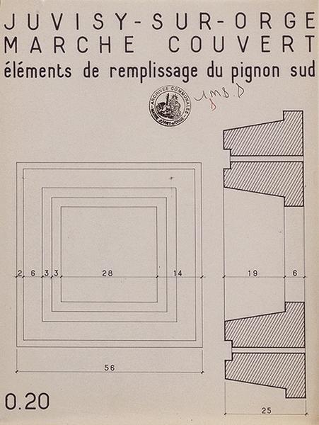 Bâtiment de la halle : détail d'un élément constitutif de la façade à claustra du pignon sud : document non signé, non daté (circa 1957).