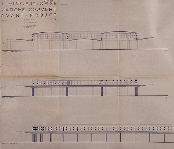 Avant-projet : élévations des façades nord et est, coupe transversale signées L. Aubert, P. Ohnenwald et E. Valdin, daté du 23 novembre 1951. Projet non réalisé.